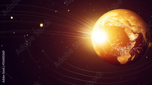 Detailed illustration of Earth’s axis tilt showing the seasons, with labeled diagrams of equinoxes and solstices, explaining Earth’s rotation and revolution, ideal for educational, scientific, and ast photo