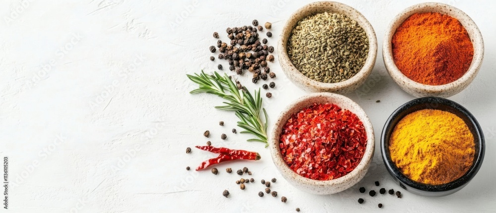 Aromatic Spices and Herbs Collection in Bowls on White Background Aromatic Spices and Herbs Collection in Bowls on White Background