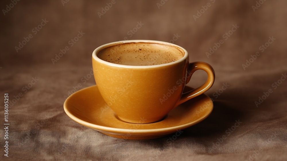 Close Up of a Single Brown Coffee Cup on a Warm Brown Fabric Surface : Generative AI Close Up of a Single Brown Coffee Cup on a Warm Brown Fabric Surface : Generative AI