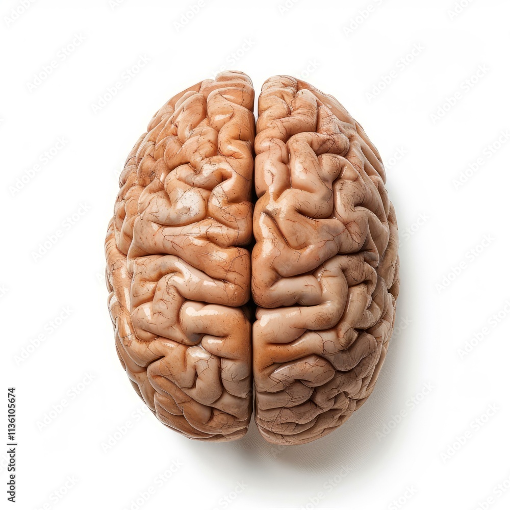 Top view of a real human brain isolated on white background, clearly showing the division between the two cerebral hemispheres Top view of a real human brain isolated on white background, clearly showing the division between the two cerebral hemispheres