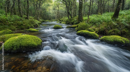 Cascading river through dense coastal forest, vibrant mossy banks, sparkling water, Forests, Elevation, Coastal