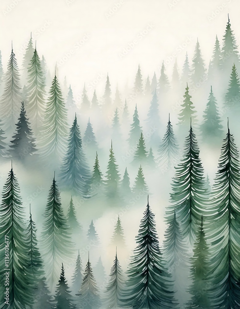 Obraz premium Misty spruce forest with scattered fir trees and soft gradients in a serene natural setting. Generative AI