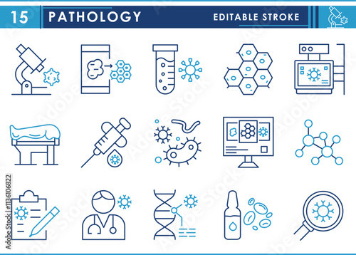 A set of line icons related to Pathology. Microscope, tissue, petri dish, blood sample, forensic, digital, biopsy needle, and so on. Vector editable stroke.
