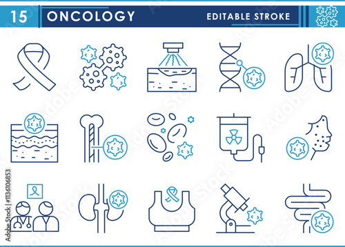 A set of line icons related to Oncology. Cancer, treatment, lungs, kidney, skin, doctor, bone marrow, breast, microscope, chemotherapy, and so on. Vector editable stroke.