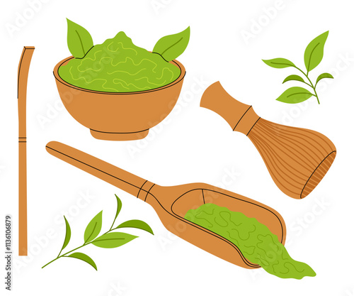 Matcha tea. Set of tools for making matcha powder. Asian culture collection. Flat illustration of beverage ingredient.