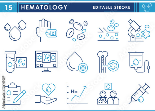 A set of line icons related to Hematology. Blood, cell, vessel, microscope, diabetes, hemoglobin, bone marrow, transfusion bag, and so on. Vector editable stroke.