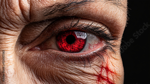 Red Eye of Fury: A close-up portrait of a menacing red eye with a bloody scratch, conveying raw intensity and primal anger.  A chilling image that evokes fear and unease.  photo