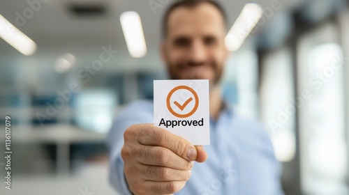 A smiling man holds an "Approved" card, indicating success or acceptance in a professional environment.