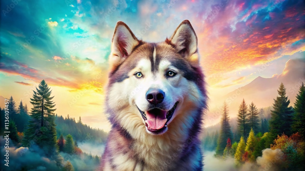 Naklejka premium Double Exposure Husky Dog Smile, Surreal Pet Portrait, Artistic Canine Photography, Dreamy Animal Image