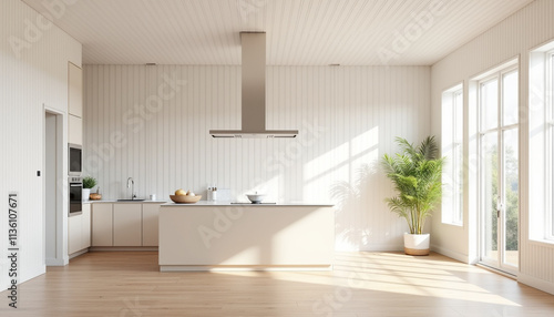 Modern kitchen interior with bright sunlight and minimalist design, featuring green plants and copy space

