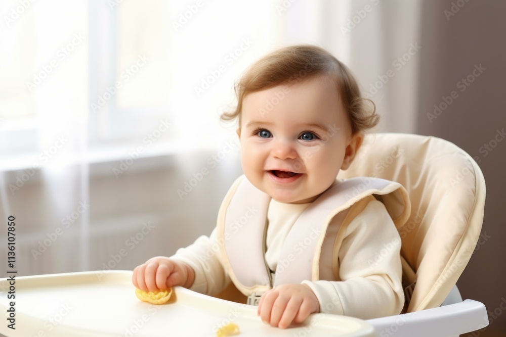 Happy baby enjoying a healthy meal in a high chair, promoting infant nutrition and development Happy baby enjoying a healthy meal in a high chair, promoting infant nutrition and development