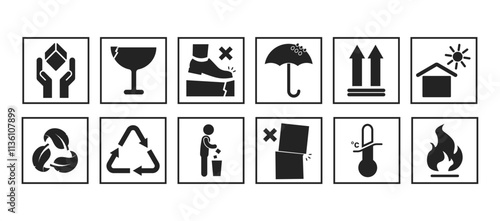 Bundle square icon fragile, handle with car, keep dry, umbrella, recycle and others shipping cardboard caution sign
