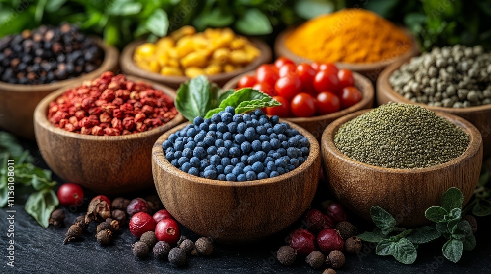 An artistic arrangement of colorful spices and herbs in wooden bowls enhances culinary inspiration An artistic arrangement of colorful spices and herbs in wooden bowls enhances culinary inspiration