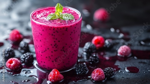 A colorful berry smoothie in a glass, garnished with mint leaves, surrounded by fresh berries