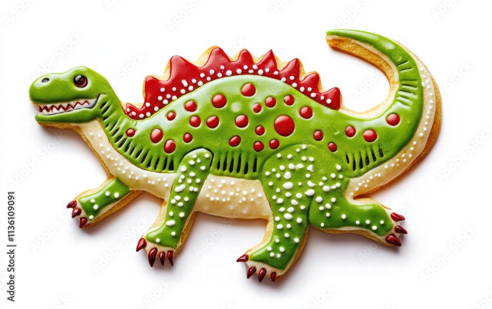 Naklejka premium A dinosaur-shaped cookie with bold green icing and vibrant red spots dynamically hovering on a bright white background