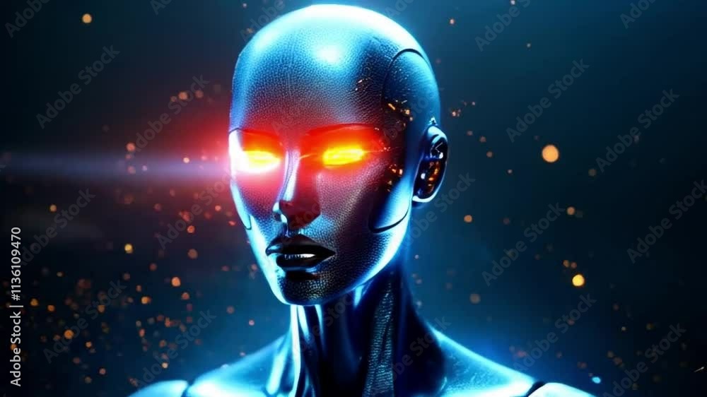 Futuristic humanoid figure with glowing eyes in a cybernetic environment Futuristic humanoid figure with glowing eyes in a cybernetic environment