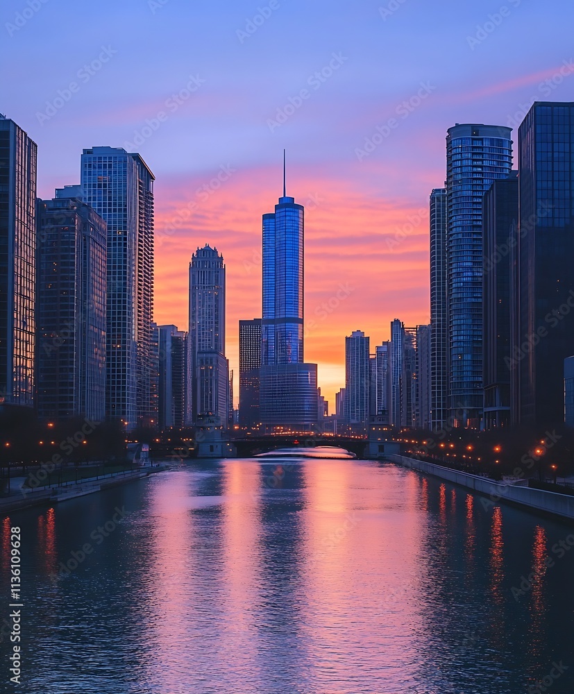 Fototapeta premium Vibrant Urban Sunrise over Skyscrapers Reflected in City River Scene at Dawn : Generative AI