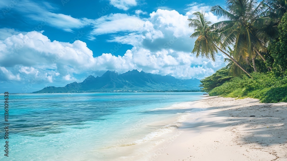 Tropical Paradise Beach with Palm Trees and Turquoise Waters Under Blue Skies : Generative AI Tropical Paradise Beach with Palm Trees and Turquoise Waters Under Blue Skies : Generative AI