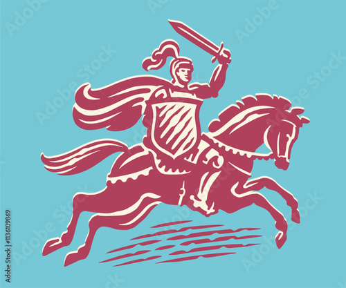 Knight in armor with shield and sword on horse. Royal warrior, defender logo emblem. Vector drawing photo