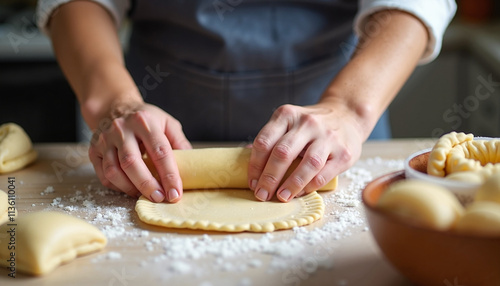 Hamantashen dough being rolled on a kitchen counter for Purim celebration preparation