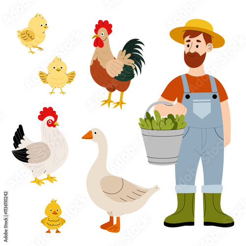 Poultry yard. Domestic birds goose, chicken, rooster. Farm worker feeding poultry. Set of flat illustrations on white background.