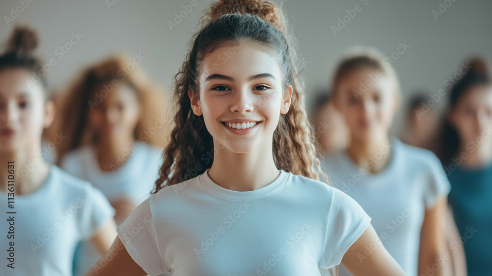 Multicultural group of young dancers practicing together in a studio during afternoon hours Multicultural group of young dancers practicing together in a studio during afternoon hours