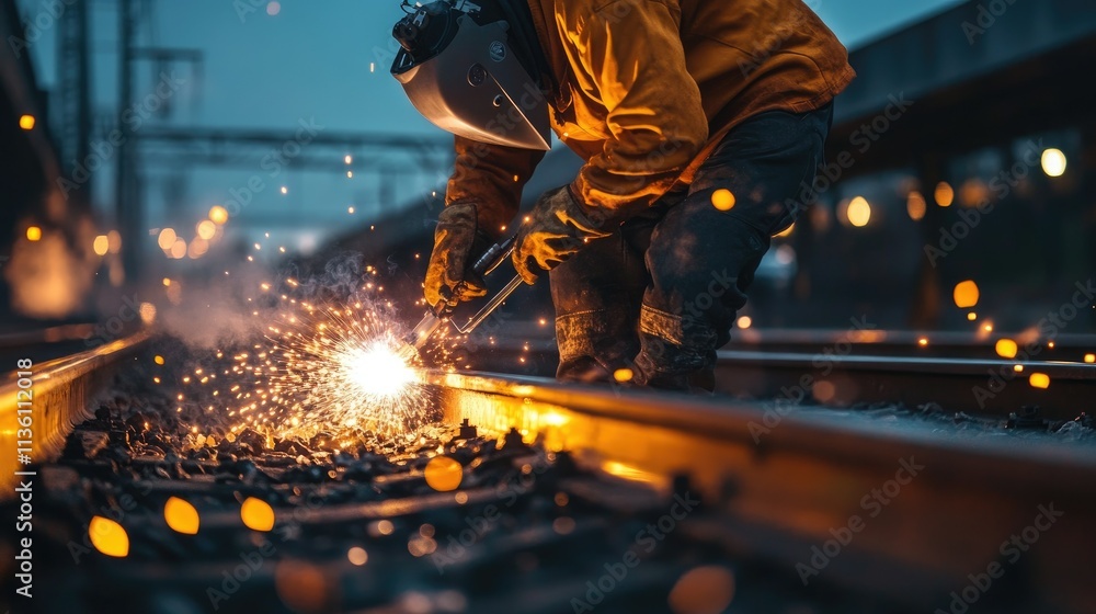 A worker using a welding torch on a railroad track, with sparks glowing vividly in the outdoor setting A worker using a welding torch on a railroad track, with sparks glowing vividly in the outdoor setting