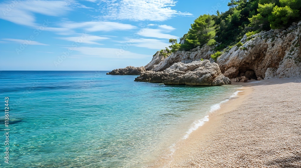 Tranquil Pebble Beach Fringed by Rugged Cliffs and Crystal Clear Waters : Generative AI Tranquil Pebble Beach Fringed by Rugged Cliffs and Crystal Clear Waters : Generative AI