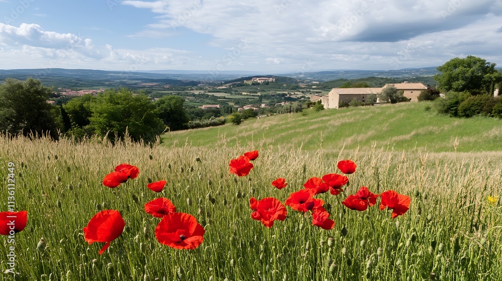 Vibrant Summer Scene in Tuscan Countryside with Red Poppies and Rolling Hills : Generative AI Vibrant Summer Scene in Tuscan Countryside with Red Poppies and Rolling Hills : Generative AI