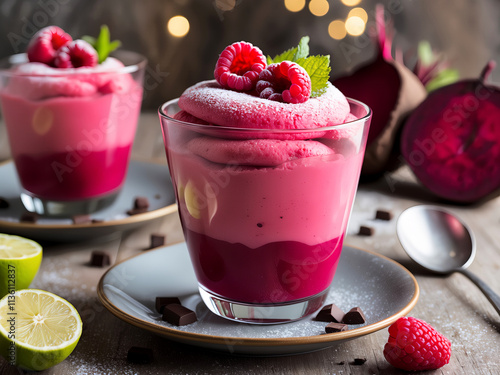 A vibrant beetroot and raspberry mousse topped with whipped cream, chocolate shavings, and fresh raspberries, surrounded by ingredients like lime and chocolate.  
 photo