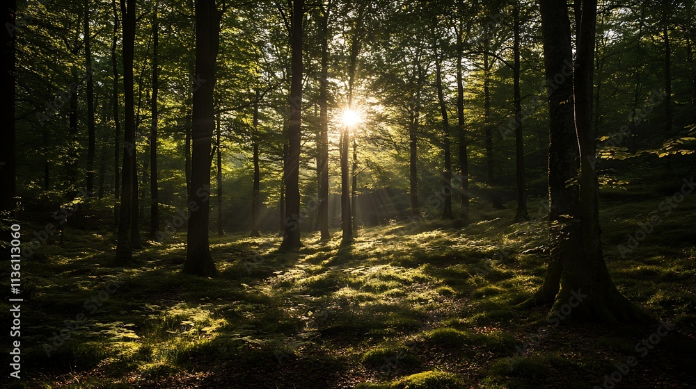 Fototapeta premium Lush Green Forest with Sunlight Rays Creating Dramatic Shadows : Generative AI