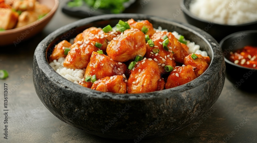 Korean spicy chicken pieces in a stone bowl with a side of steamed rice and traditional banchan dishes Korean spicy chicken pieces in a stone bowl with a side of steamed rice and traditional banchan dishes