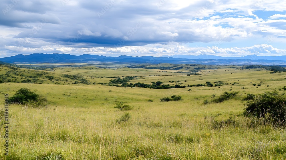 Fototapeta premium Vast Scenic Landscape of Vibrant Green Fields Under Beautiful Blue Sky : Generative AI