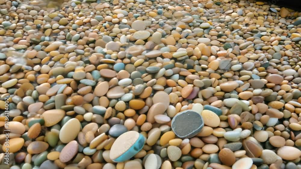 Camera pans to reveal a pebble path texture with assorted colors, smooth, rounded patterns, and ambient light Camera pans to reveal a pebble path texture with assorted colors, smooth, rounded patterns, and ambient light