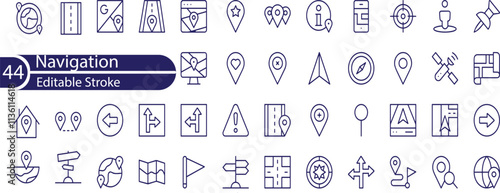 Set of outline icons related to navigation, gps, location, route. Linear icon collection. Editable stroke.