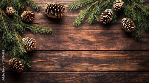 Rustic Wooden Table with Pine Cones and Evergreen Branches Decor : Generative AI