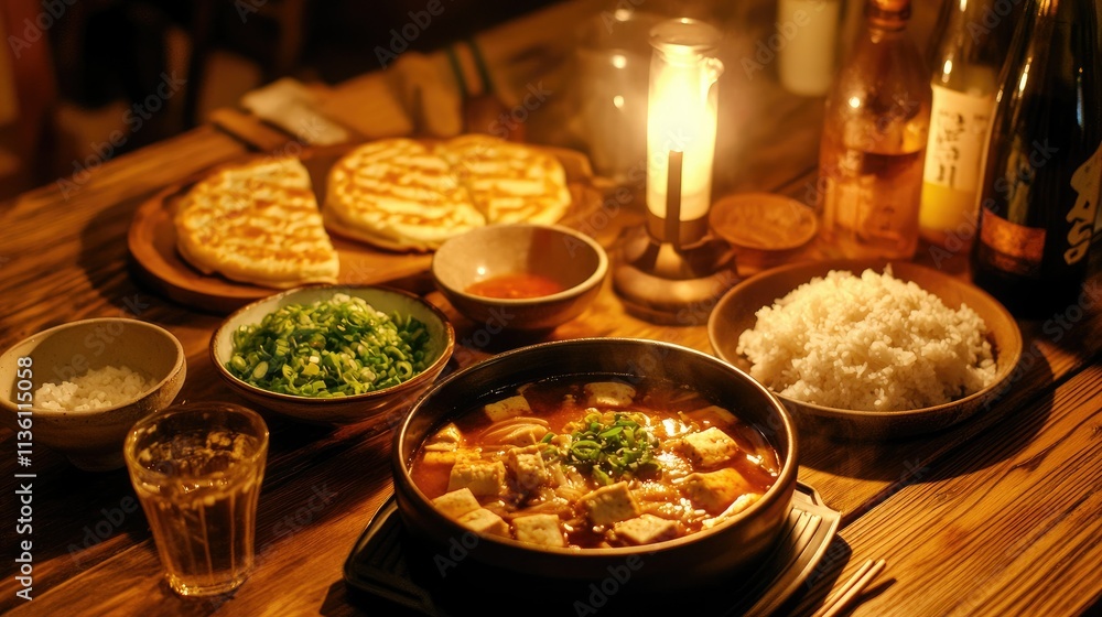 A cozy dinner table with soju, soft tofu stew, rice bowls, and fresh scallion pancakes, lit by warm lighting A cozy dinner table with soju, soft tofu stew, rice bowls, and fresh scallion pancakes, lit by warm lighting