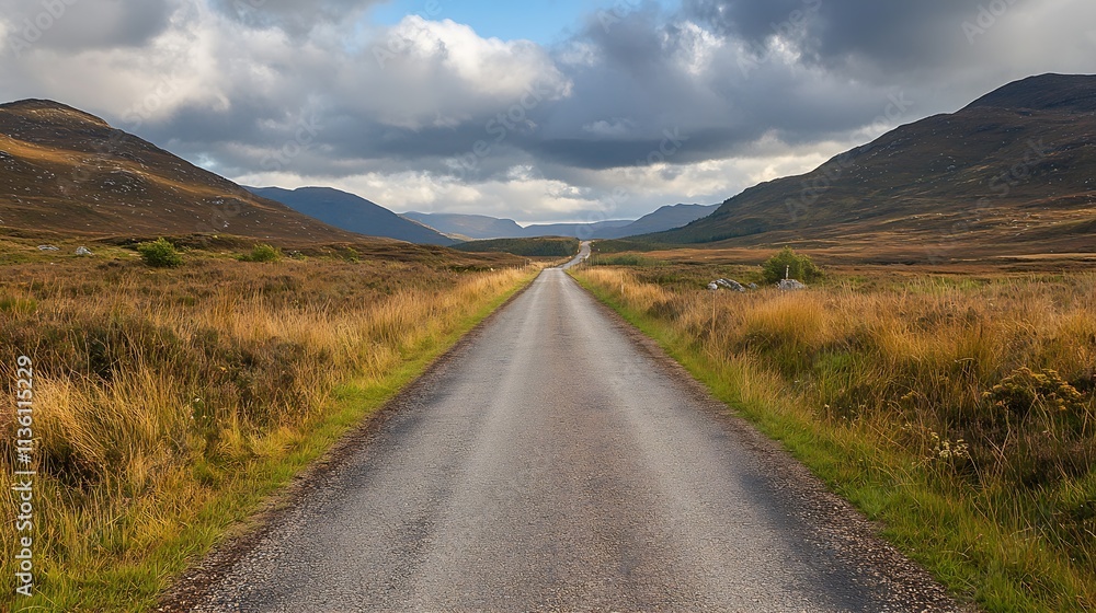 Lonely rural road winding through vast moorland under dramatic clouded sky in Highland : Generative AI Lonely rural road winding through vast moorland under dramatic clouded sky in Highland : Generative AI