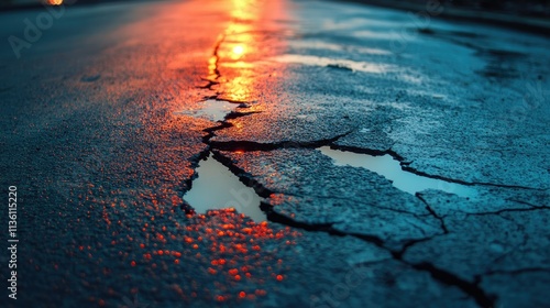 A cracked road surface with reflective paint marks distorted by the damage, under soft evening light photo