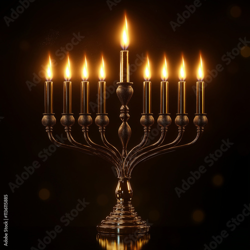 A realistic image of a traditional Hanukkah menorah with 9 branches and a central, taller branch (the shamash). Only the first candle and the sham photo