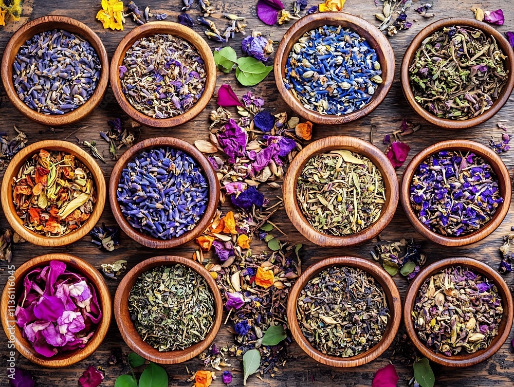 Diverse array of herbal and floral tea blends displayed in bowls on rustic table : Generative AI Diverse array of herbal and floral tea blends displayed in bowls on rustic table : Generative AI
