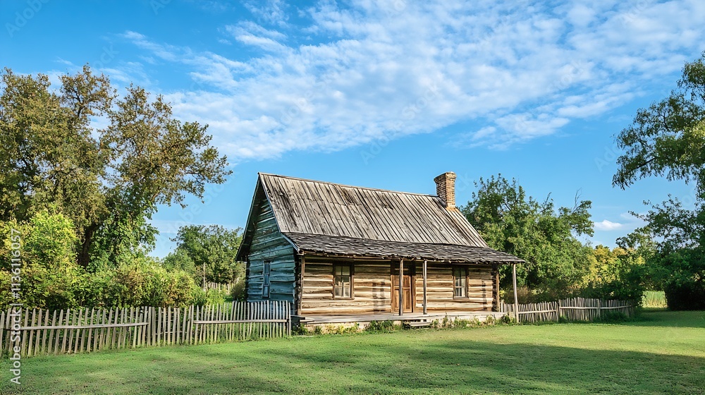 Rustic Log Cabin Surrounded by Trees and Blue Sky in Scenic Countryside Setting : Generative AI Rustic Log Cabin Surrounded by Trees and Blue Sky in Scenic Countryside Setting : Generative AI