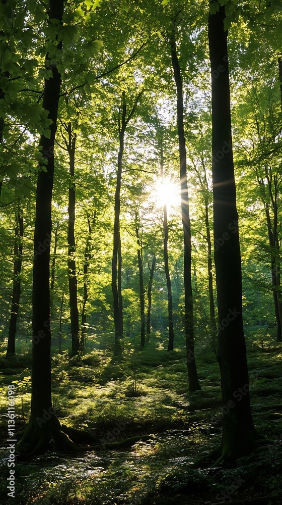 Serene Sunlit Forest Landscape with Tall Green Trees and Sunrays Through Leaves : Generative AI Serene Sunlit Forest Landscape with Tall Green Trees and Sunrays Through Leaves : Generative AI