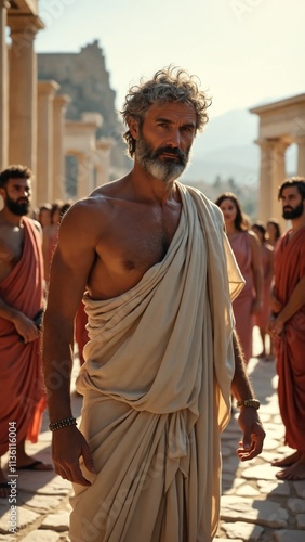 An ancient Greek philosopher, depicted as a middle-aged man with a weathered yet wise face