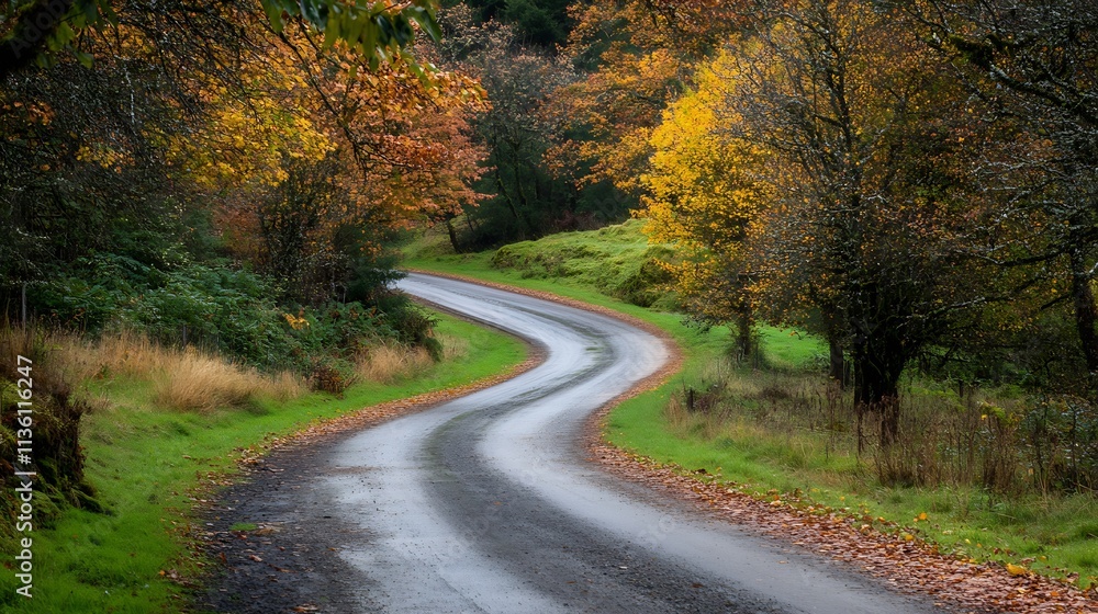 Serene Curving Road in Vibrant Autumn Forest with Colorful Foliage and Lush Greenery : Generative AI Serene Curving Road in Vibrant Autumn Forest with Colorful Foliage and Lush Greenery : Generative AI