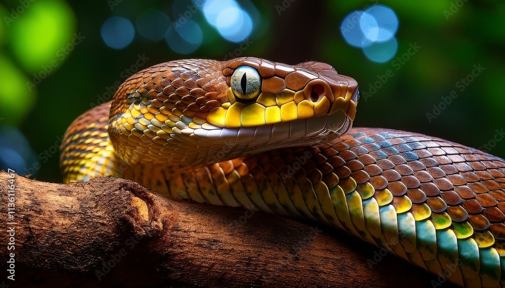 Obraz premium Generated image A detailed close-up of a snake coiled elegantly around a branch, with vibrant scales shimmer