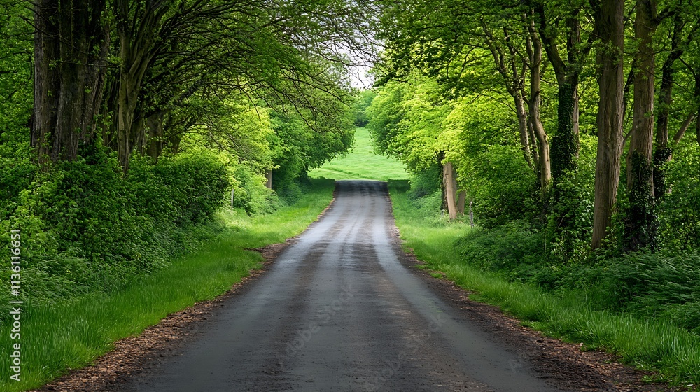 Naklejka premium Charming Country Lane Through Verdant Forest with Sunlit Green Foliage : Generative AI