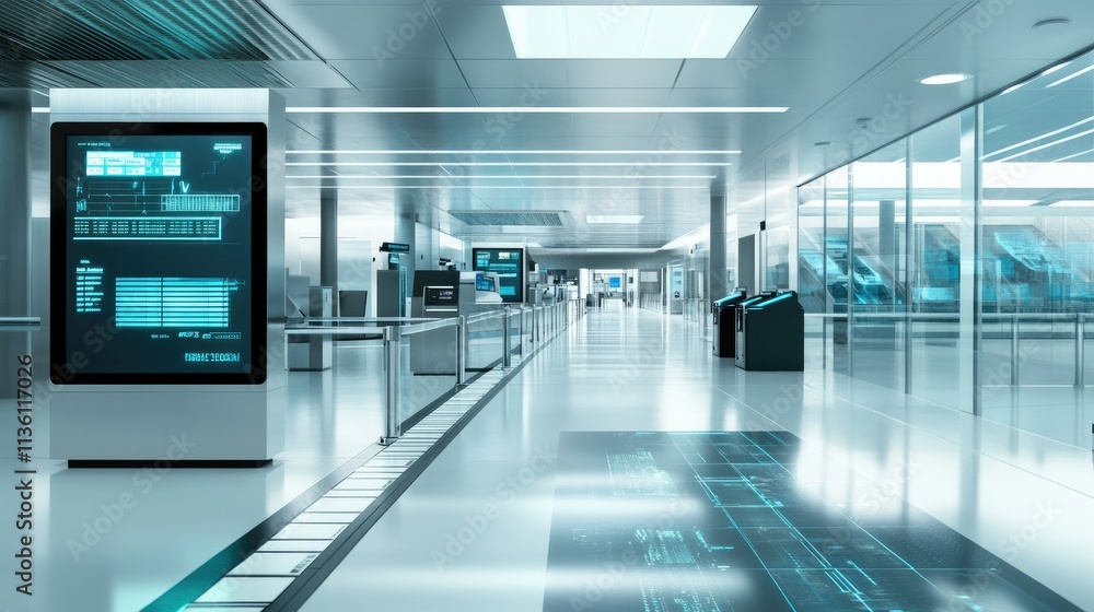 A high-tech airport security checkpoint with digital signage and advanced x-ray scanning equipment A high-tech airport security checkpoint with digital signage and advanced x-ray scanning equipment
