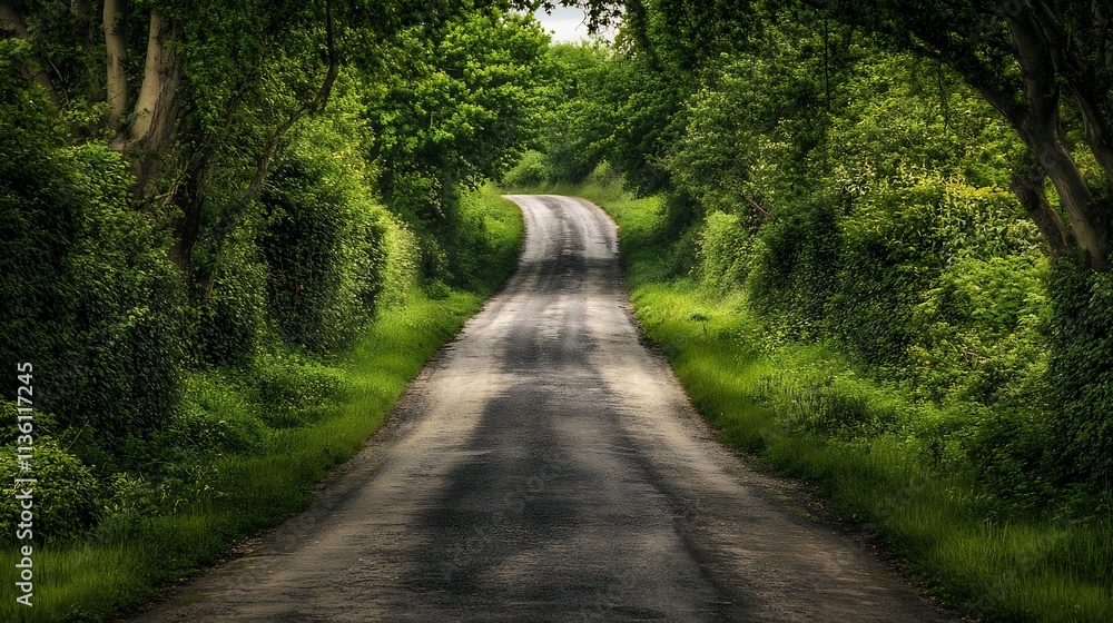 Naklejka premium Mystical Tree Lined Country Pathway Through Dense Green Foliage : Generative AI