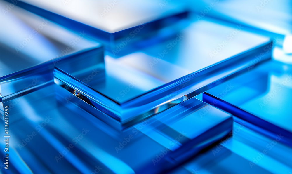 Blue glass rectangular blocks in motion, glass material, background with blurred office space, Blue glass rectangular blocks in motion, glass material, background with blurred office space,